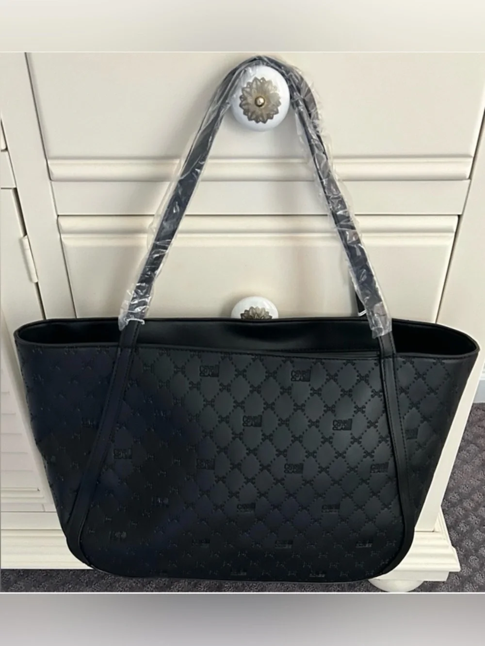 NWT Cavalli Class Sandra Shopper Tote Bag Black Deboss with Gold Hardware - Picture 2 of 13